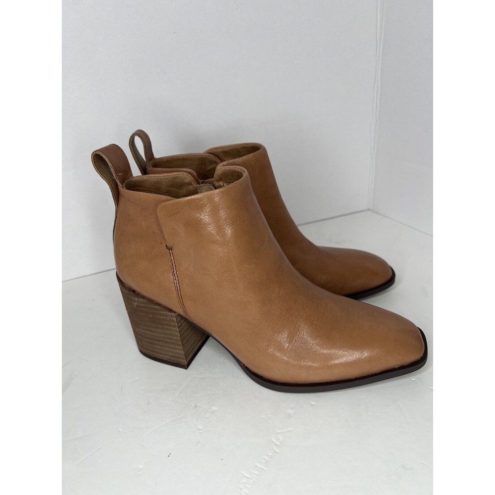 Vionic Womens Lyssa Brown Toffee Leather Ankle Side Zip Block Heels Booties Sz 8